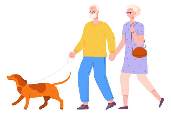 Happy Seniors Walking with Dog on Leash